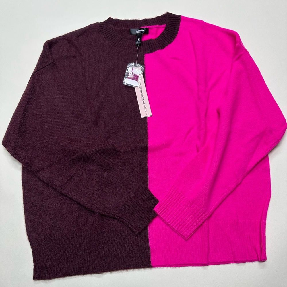 NWT $168 100% cashmere AQUA  crewneck knot sweater S M pink brown